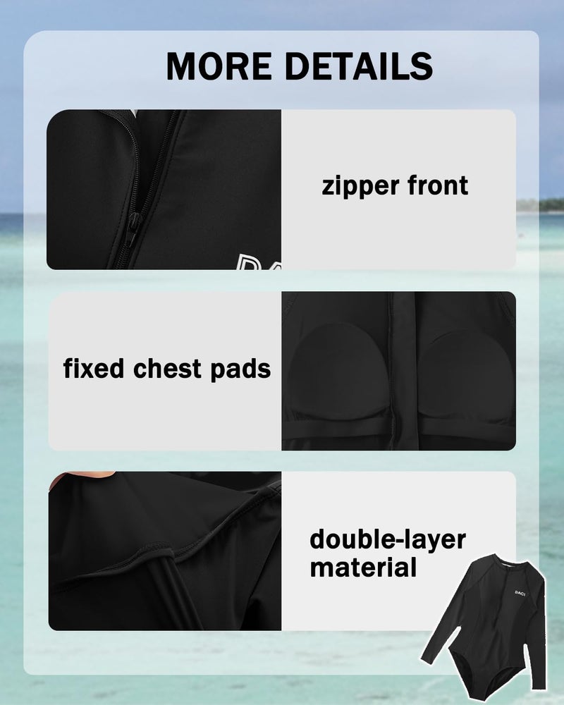 Daci Women Black-1 Rash Guard Long Sleeve One Piece Swimsuit Zipper Surfing Bathing Suit UPF 50 S - Image 5